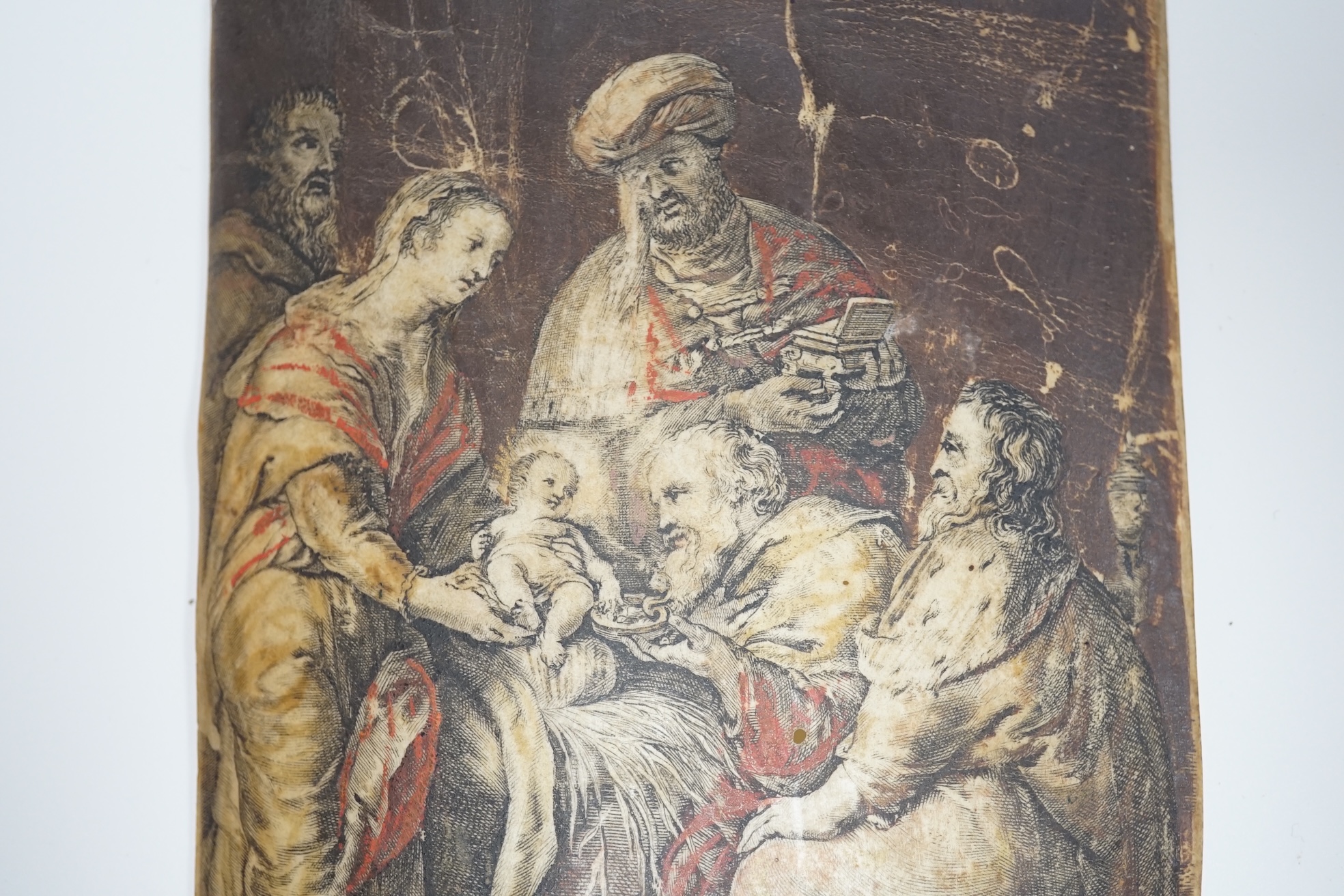 Old Master style, overpainted print on vellum, Adoration of Christ, unframed, 14 x 9.5cm. Condition - poor